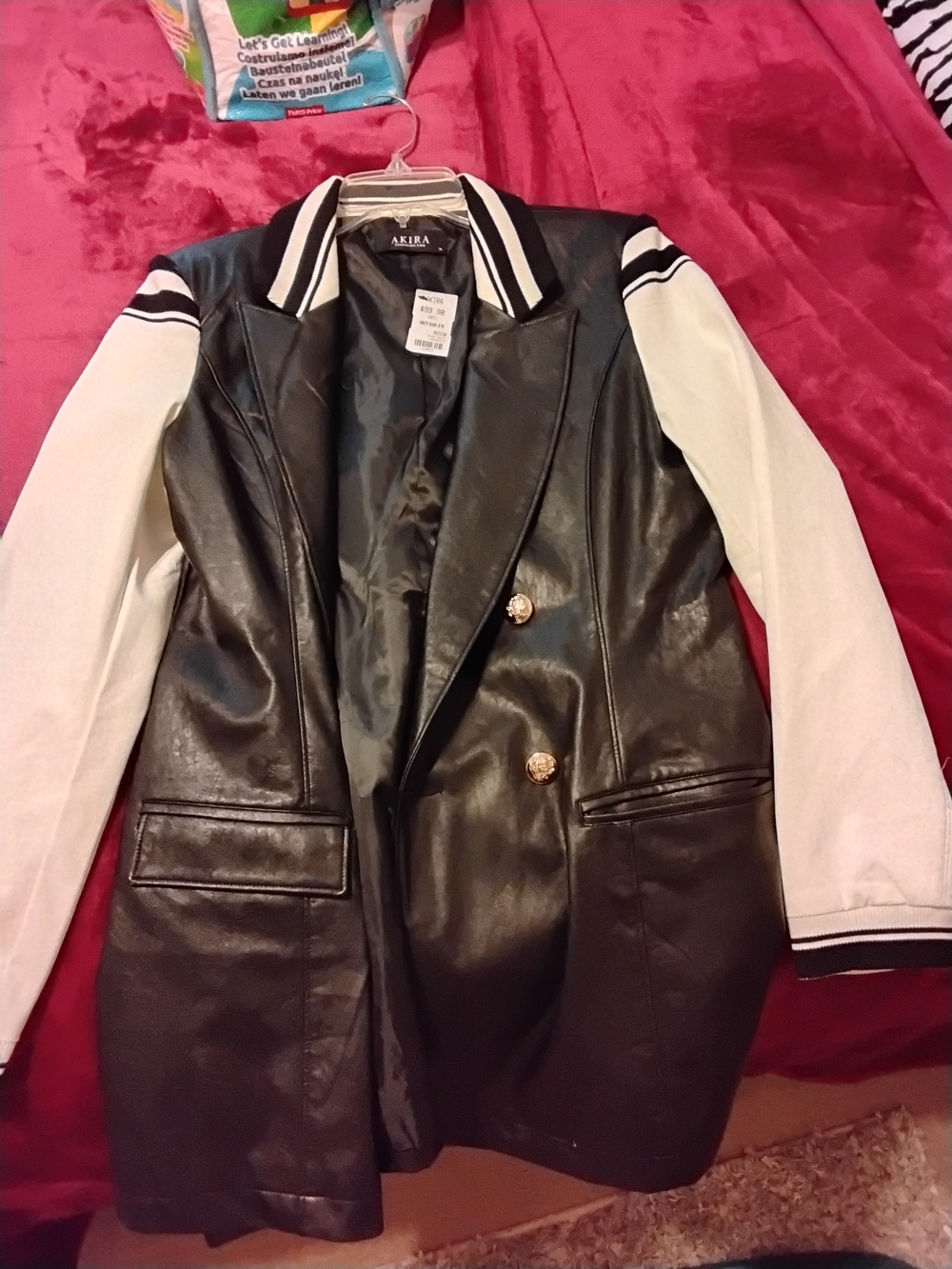 AKIRA Black Faux Leather Blazer with White Sleeve Varsity Detail